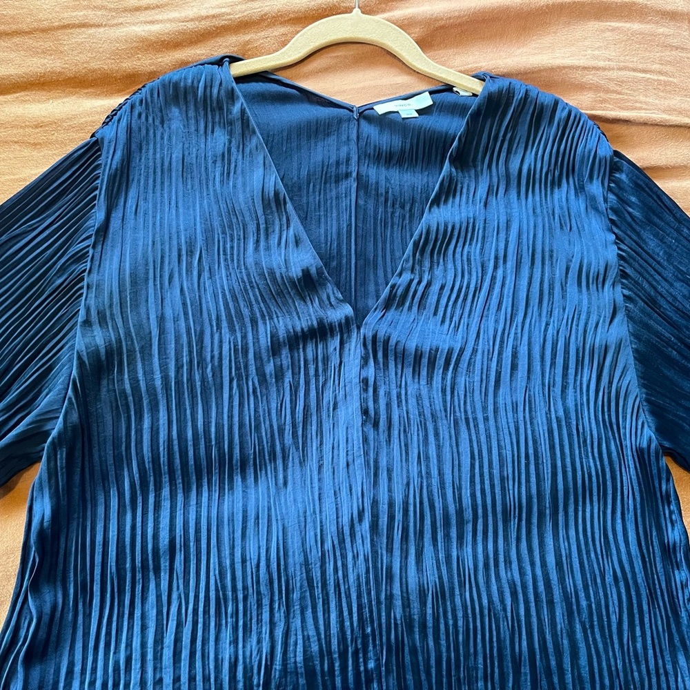 Vince Navy Blue Pleated V-Neck Top